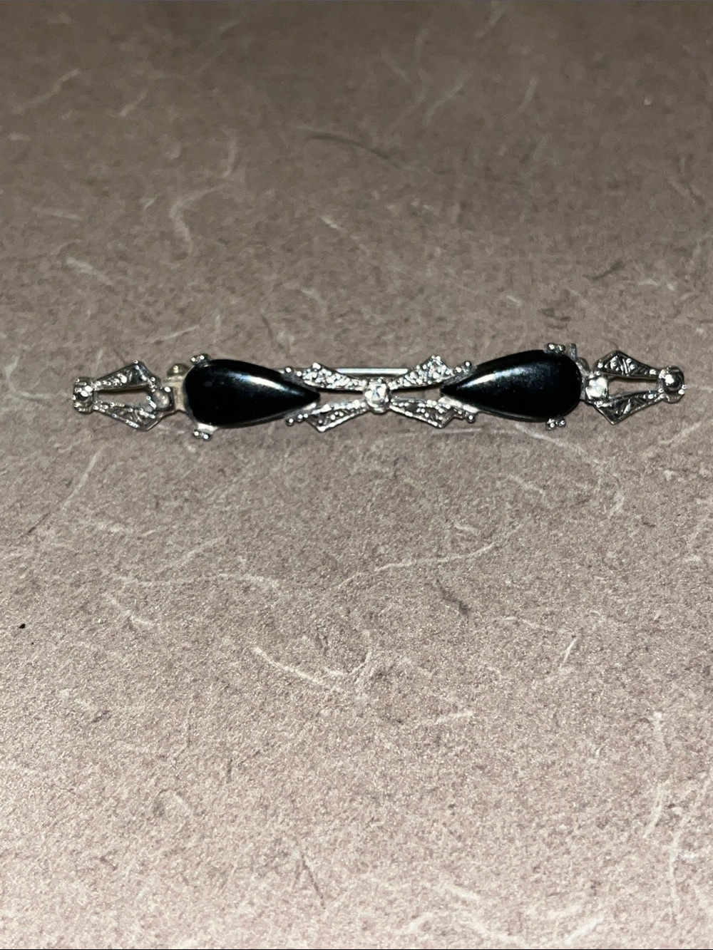 Classic Black Teardrop Silver Bar Brooch - Missing a small stone 4-5”